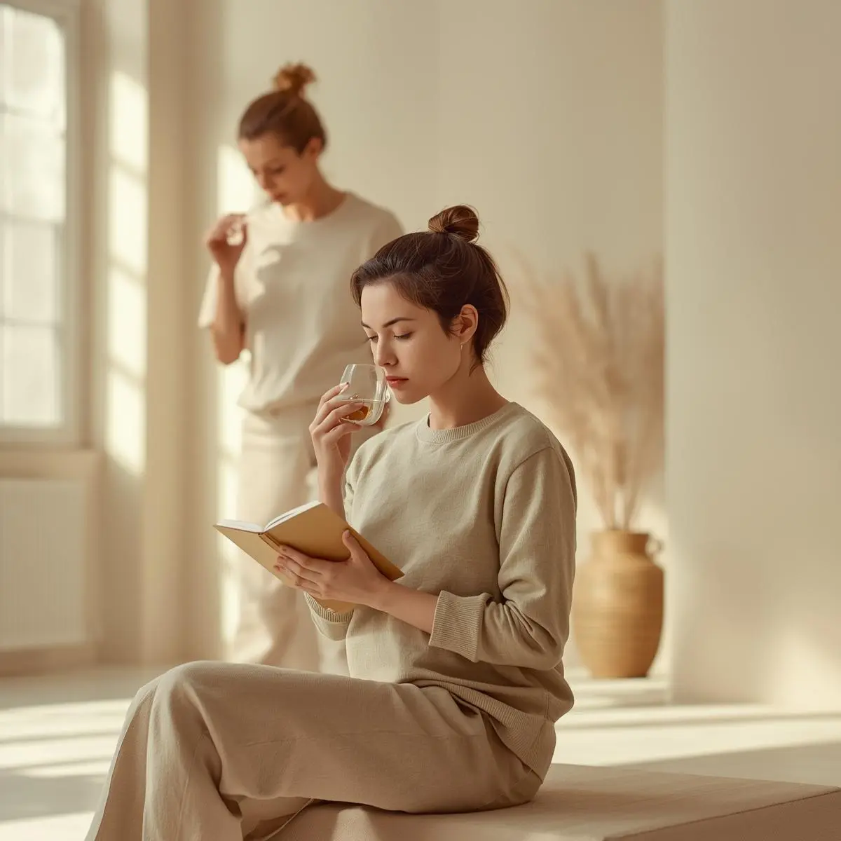 Home Gender-neutral adult practicing mindful lifestyle habits, representing balanced daily routines and wellness