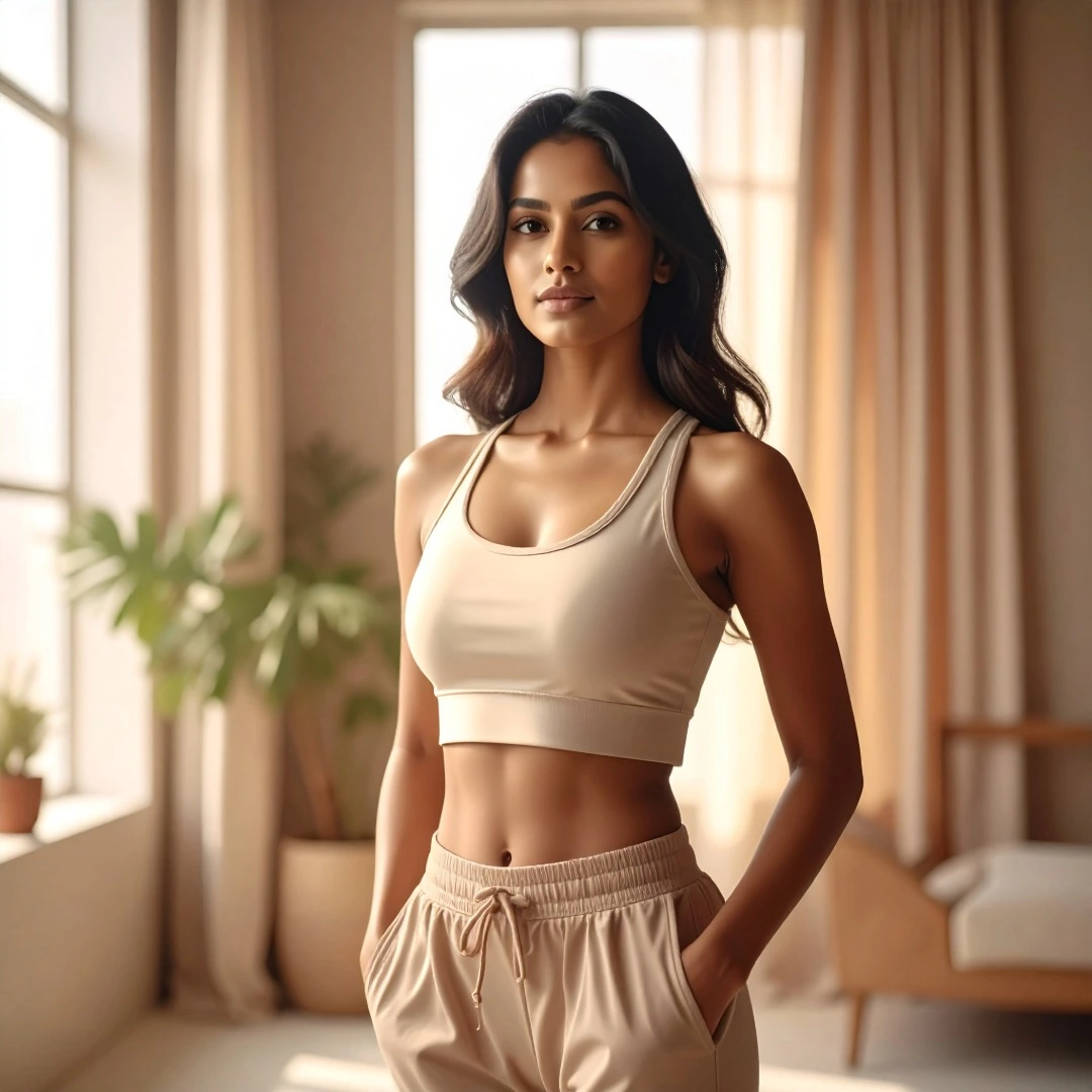 Indian woman in beige activewear standing near window representing natural metabolic health transformation and lifestyle improvement