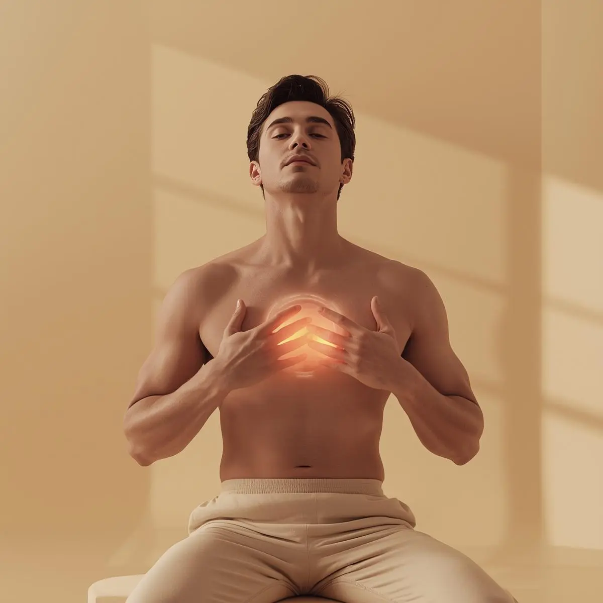 Home A guy is focusing on body energy, representing metabolism mastery and internal energy awareness