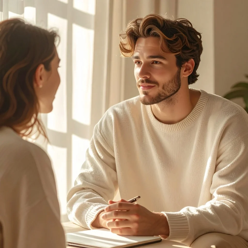 Wellness coach guiding a client in a calm beige environment representing real-world experience and personalized health guidance