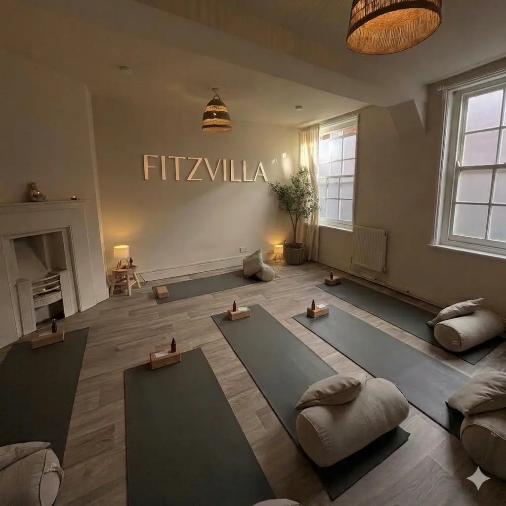 Minimalist yoga studio interior at Fitzvilla with mats and bolsters for wellness transformation.
