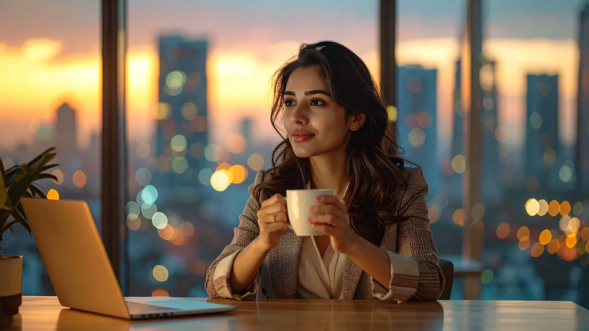 A successful professional woman in a modern office reflecting on her metabolic health and energy.