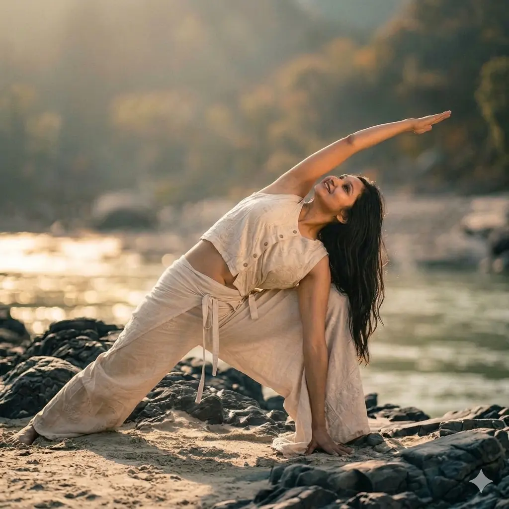 Woman in side angle yoga pose on rocks at sunrise by a river, illustrating physical strength, balance, and energy regulation.