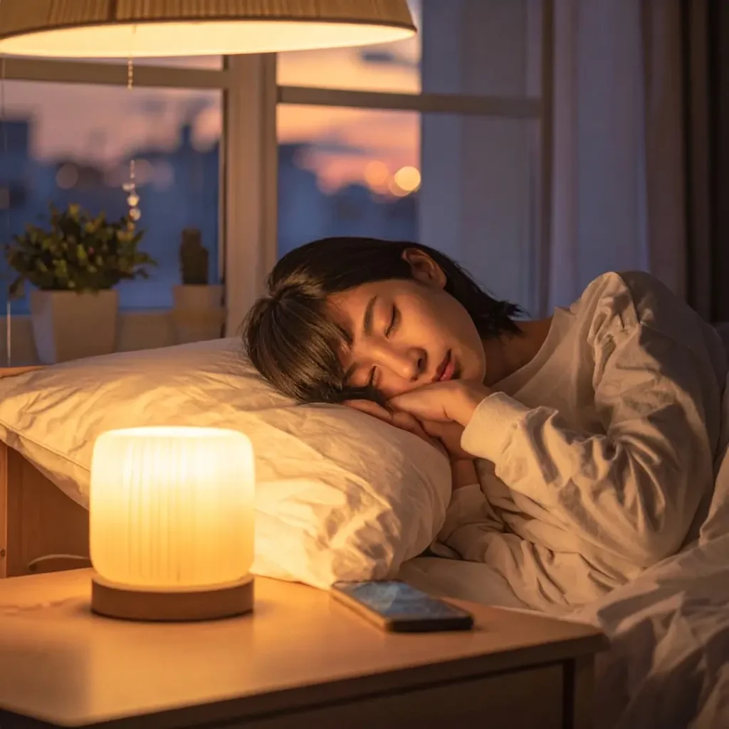 Person following a calm night routine with dim lighting and no phone, preparing for better sleep and recovery