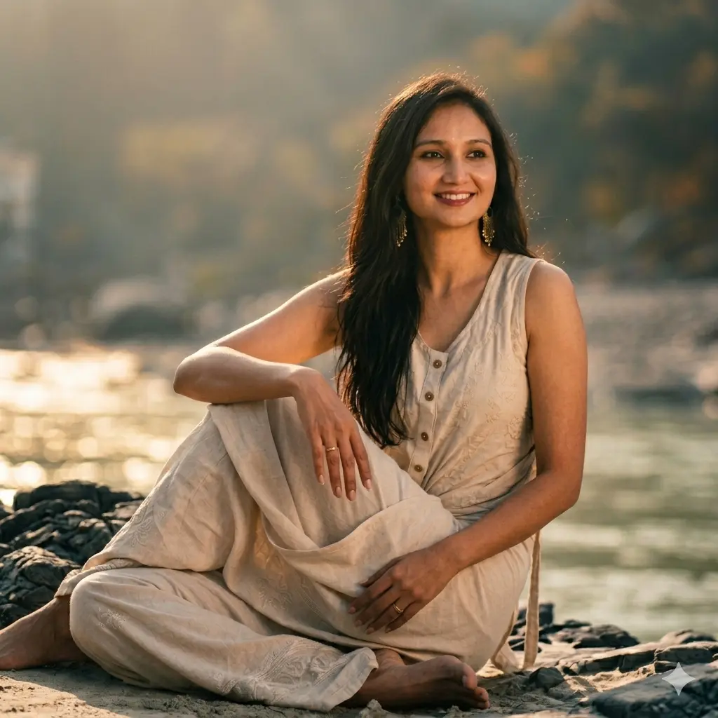 Woman sitting outdoors peacefully, representing real-life experience in building healthy habits, improving energy, and achieving sustainable lifestyle transformation