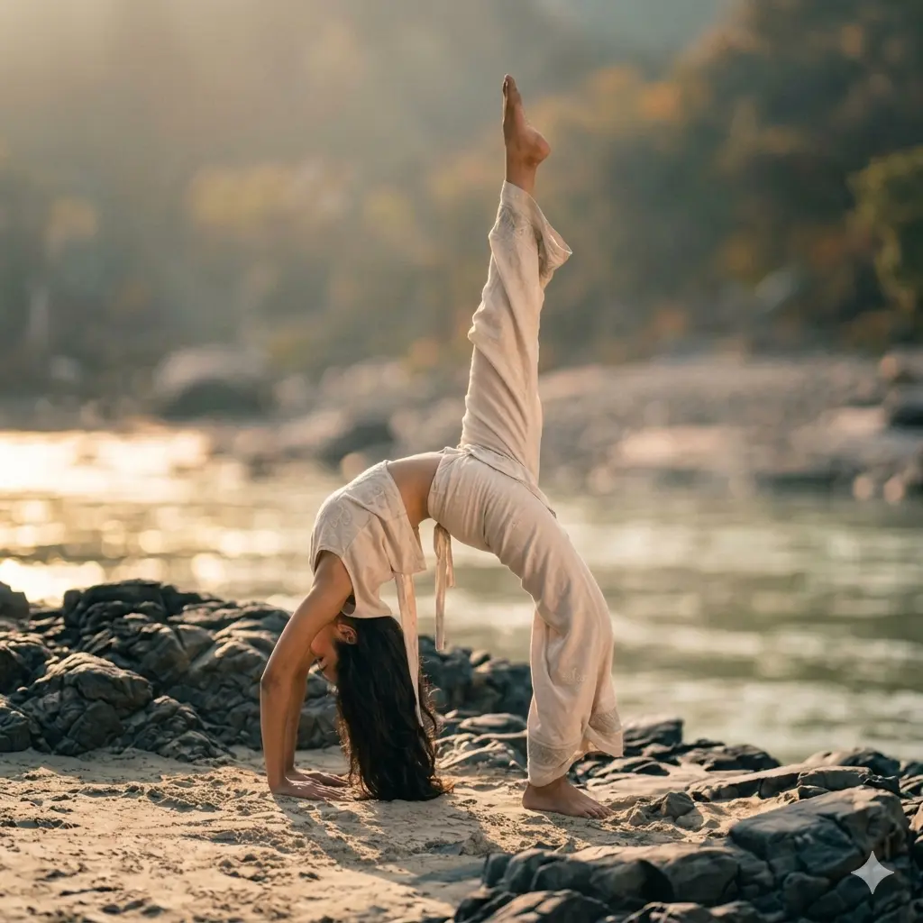 Woman performing an advanced one-legged wheel pose (Eka Pada Chakrasana) on a riverbank, demonstrating core strength and flexibility.