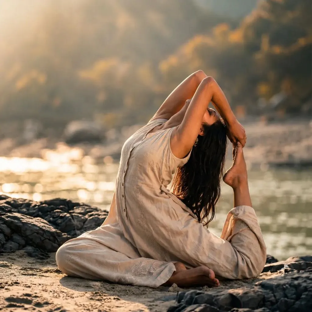 Woman practicing yoga outdoors to improve flexibility, reduce stress, and support a healthy lifestyle and mind-body balance