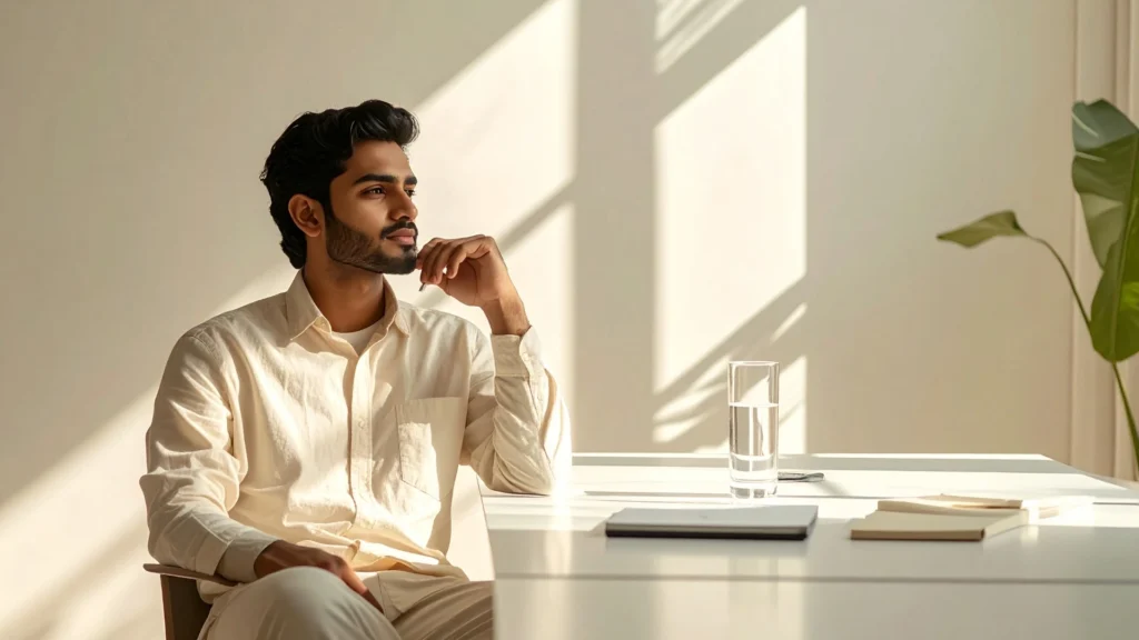 Focused professional sitting at clean workspace showing clarity and improved energy after understanding healthy habits