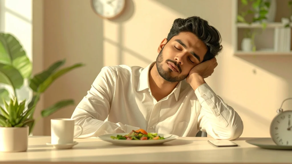 Why do I feel sleepy after lunch Young professional feeling sleepy after lunch at desk showing afternoon energy crash in a calm workspace