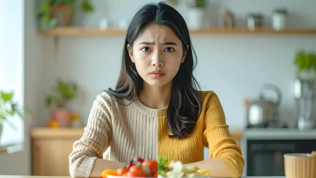 split image showing frustrated woman eating small portion diet versus same woman enjoying a balanced healthy meal at home