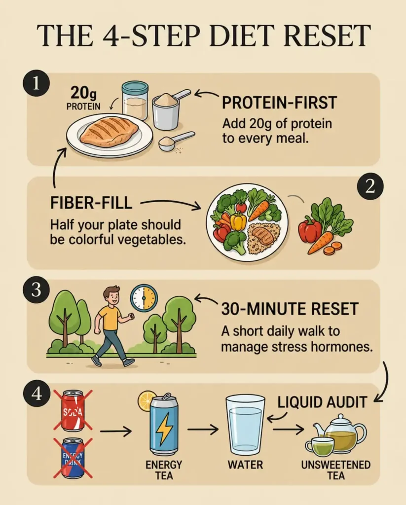 Infographic showing a 4-step diet reset program featuring protein-first meals, fiber-fill vegetables, 30-minute walks for stress management, and a liquid audit swapping soda for tea.