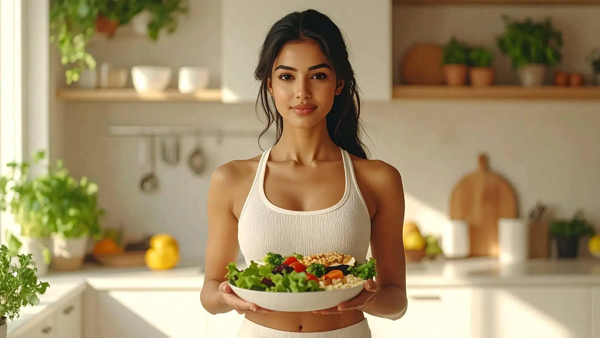 Indian woman holding a balanced healthy meal in a modern kitchen representing sustainable dieting and healthy lifestyle